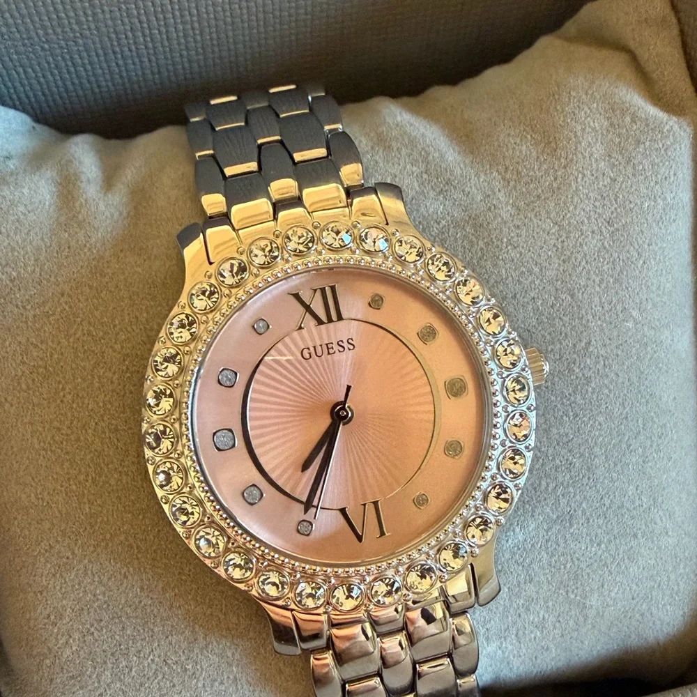 GUESS Silver Tone Bracelet Watch Pink Crystal Bezel Stainless Steel Women’s